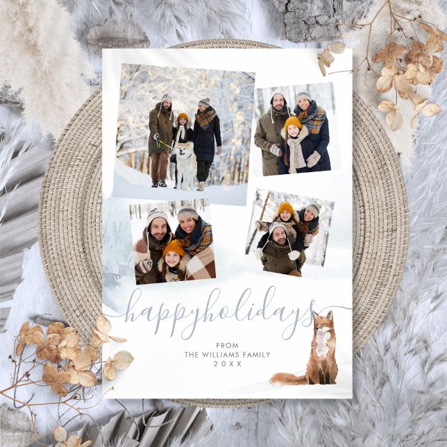 4 Photo Collage Happy Holidays Winter Woodland Fox Holiday Card (4 Photo Collage Happy Holidays Winter Woodland Fox Holiday Card)