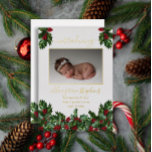 4 Photo Collage Holly Berries Birth Announcement<br><div class="desc">Sweet baby girl holly and berries Christmas holiday floral four photo collage two-sided Birth Announcement with gold foil text and accents on front.  Simply add your precious baby's photos and details to complete this design.  Composite design by Holiday Hearts Designs (rights reserved).</div>