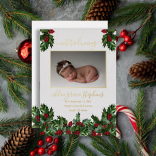 4 Photo Collage Holly Berries Birth Announcement