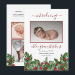 4 Photo Collage Holly | Berries Girl Birth Announc Announcement<br><div class="desc">Sweet baby girl holly and berries Christmas holiday floral four photo collage two-sided Birth Announcement.  Simply add your precious baby's photos and details to complete this design.  Composite design by Holiday Hearts Designs (rights reserved).</div>