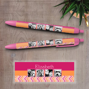 4 Photo Collage Hot Pink Orange Chevrons Black Ink Pen