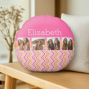4 Photo Collage Hot Pink Orange Chevrons Round Cushion