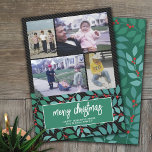 4 Photo Collage - Merry Christmas Botanical Black Holiday Card<br><div class="desc">Add family photos to this elegant and trendy design. This can be used for any Christmas greeting - happy holidays, season's greetings and more. The front includes 4 photos in a modern collage with a trendy script font. The back includes a modern botanical pattern in teals and blues. The background...</div>