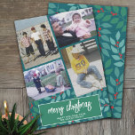 4 Photo Collage - Merry Christmas Botanical Green Holiday Card<br><div class="desc">Add family photos to this elegant and trendy design. This can be used for any Christmas greeting - happy holidays, season's greetings and more. The front includes 4 photos in a modern collage with a trendy script font. The back includes a modern botanical pattern in teals and blues. The background...</div>