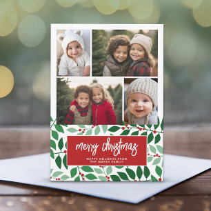 4 Photo Collage - Merry Christmas Botanical Red Holiday Card