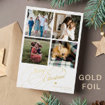 4 photo collage Merry Christmas elegant script<br><div class="desc">Elegant luxury Merry Christmas real gold foil classic calligraphy script four square family photos simple white holiday card with your custom personalised text on both sides. PLEASE NOTE that the background colour is editable. You can change it after selecting CUSTOMIZE option down below the PERSONALIZE IT menu. If you don't...</div>