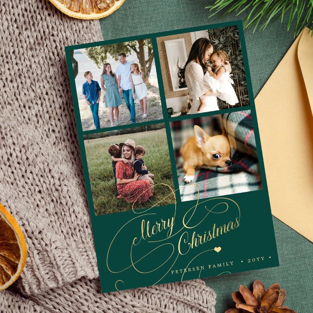4 photo collage Merry Christmas elegant script red Holiday Card (Creator Uploaded)