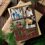 4 photo collage Merry Christmas script plaid Holiday Card<br><div class="desc">Elegant stylish Merry Christmas faux gold classic calligraphy script four square family photos rustic red green plaid tartan holiday card with your custom personalised text on both sides.</div>