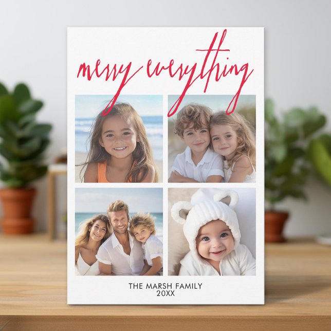 4 Photo Collage Merry Everything Minimal Red Holiday Card (Unique Photo Card)