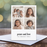 4 Photo Collage Minimal Christmas black peace love Holiday Card<br><div class="desc">Vintage black and white Plaid Pattern on the back - A simple,  minimalist Holiday greeting with 4 square photos and modern calligraphy. Crop your photos into squares before uploading.</div>