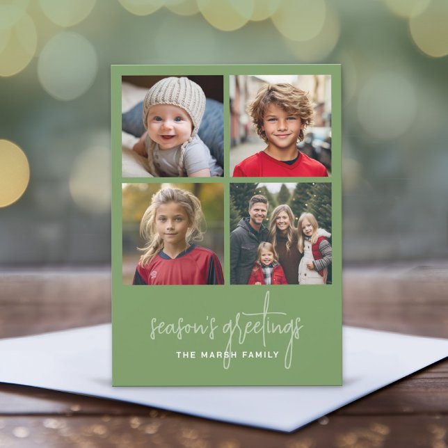 4 Photo Collage Minimal Christmas green season Holiday Card (Minimal Modern Christmas Card with 4 Photos and Bounce Calligraphy)