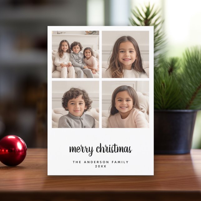 4 Photo Collage Minimal Merry Christmas black Holiday Card (Modern Christmas Card with Photos)