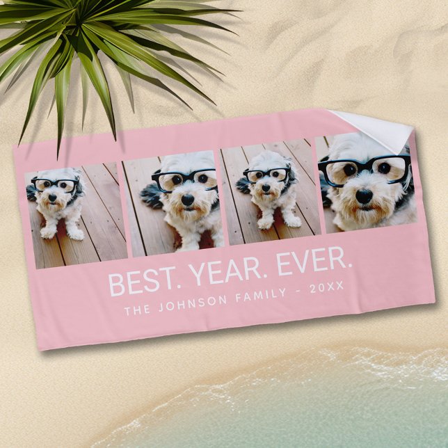 4 Photo Collage Minimalist - Best Year Ever blush Beach Towel (Personalized Beach Towel - Add Photos and Text)