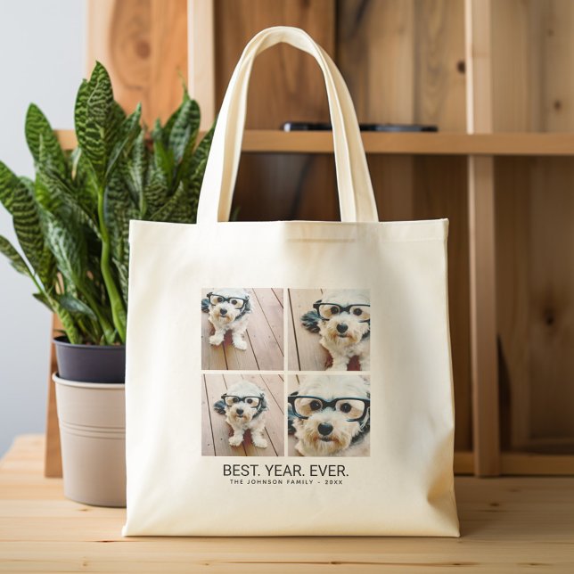 4 Photo Collage Minimalist - Best Year Ever Tote Bag (Personalized tote bag - photos and name)