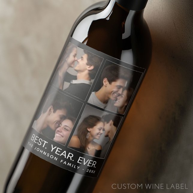 4 Photo Collage Minimalist - Best Year Ever Wine Label (Custom Wine Label with 4 Photos)