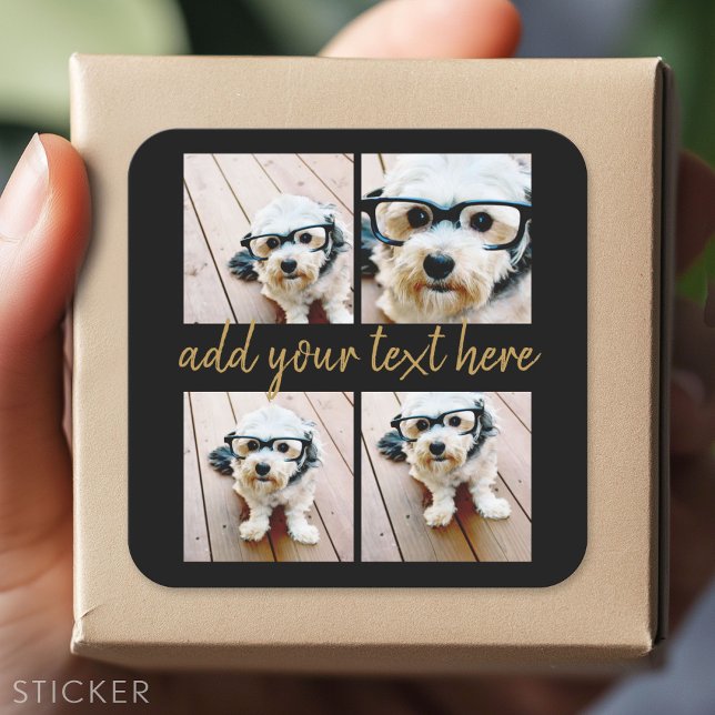 4 Photo Collage - Modern Gold Script Text Square Sticker (Custom Sticker)