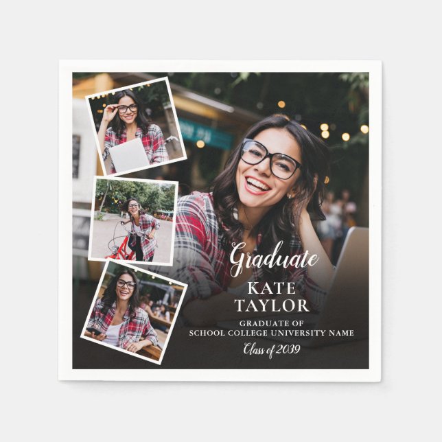 4 Photo Collage Modern Graduation Party Napkin (Front)