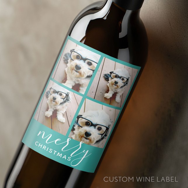 4 Photo Collage - Modern Merry Christmas aqua Wine Label (Custom Wine Bottle Label - Personalize a Sticker for a fun gift or memento)