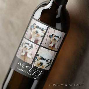 4 Photo Collage - Modern Merry Christmas black Wine Label