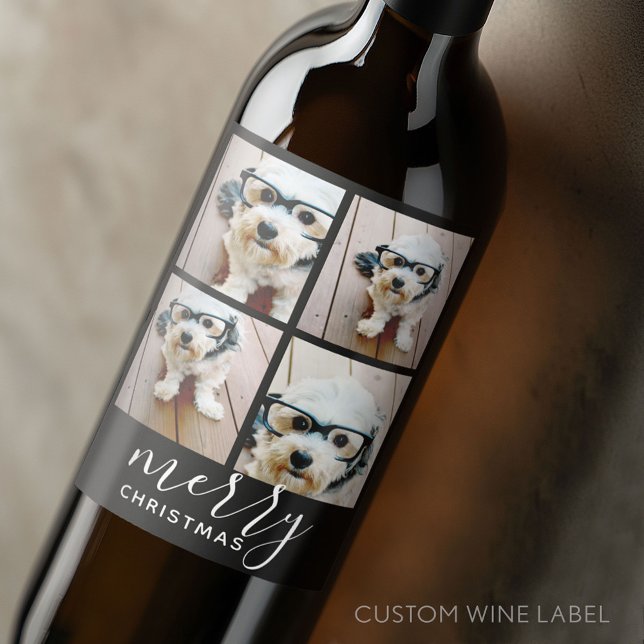 4 Photo Collage - Modern Merry Christmas black Wine Label (Custom Wine Bottle Label - Personalize a Sticker for a fun gift or memento)