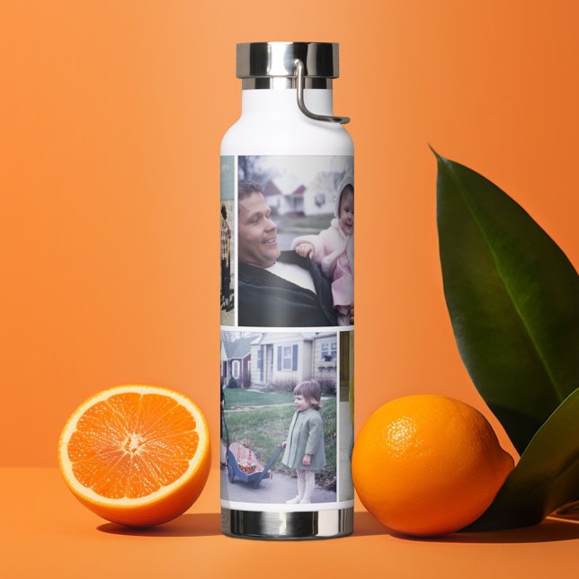 4 Photo Collage - Modern Minimalist Photos Only Water Bottle (Personalized water bottle with custom text - photo collage)