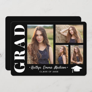 4 Photo Collage Modern Script Black & White Grad Announcement