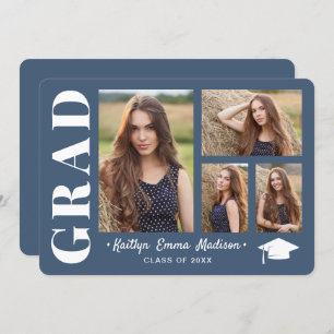 4 Photo Collage Modern Script Dusty Blue Grad Announcement