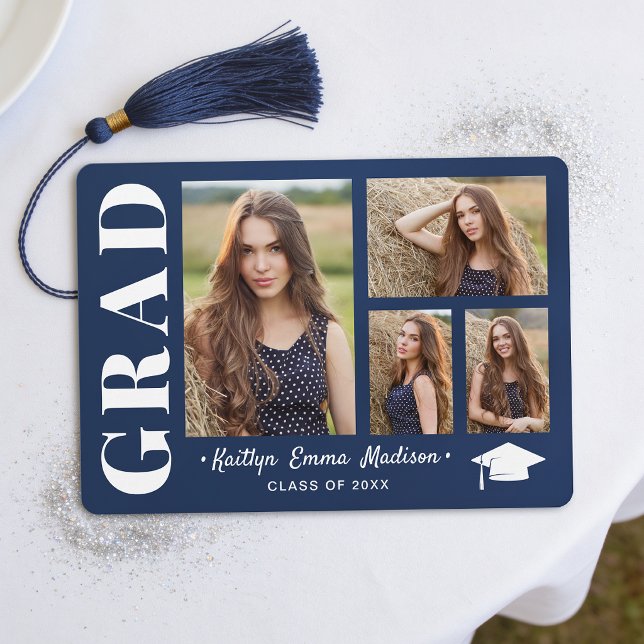 4 Photo Collage Modern Script Navy Blue Grad Announcement (Creator Uploaded)