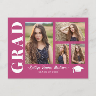 4 Photo Collage Modern Script Pink Grad Postcard