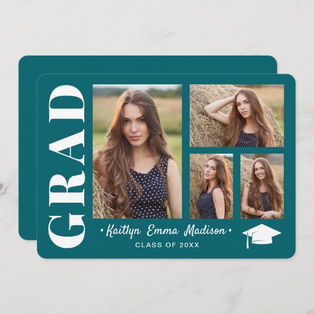4 Photo Collage Modern Script Teal Grad Announcement (Front/Back)