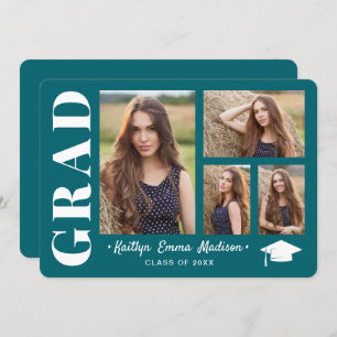 4 Photo Collage Modern Script Teal Grad Announcement