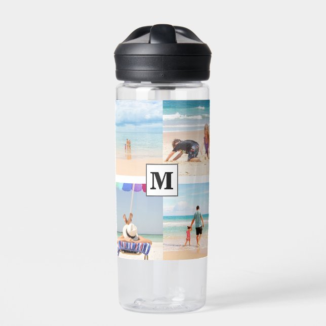 4 Photo Collage Monogram Hibiscus Flower Water Bottle (Front)