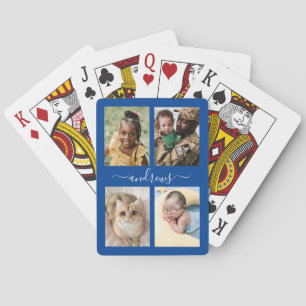 4 photo collage Navy Blue And White Personalised Playing Cards