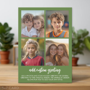 4 Photo Collage - Olive Green with White Text Holiday Card