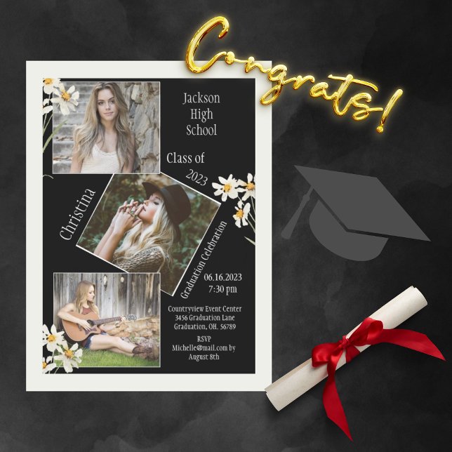 4 Photo Collage Personalised Black Graduation Announcement (Creator Uploaded)