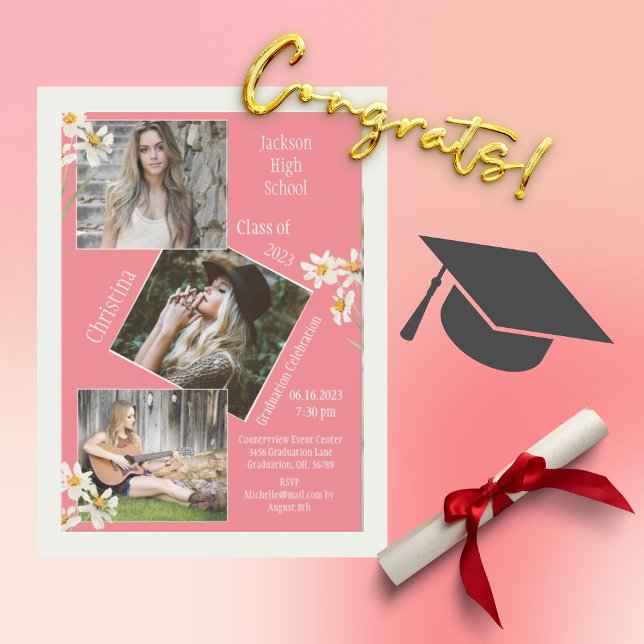 4 Photo Collage Personalised Pink Graduation Announcement (Creator Uploaded)