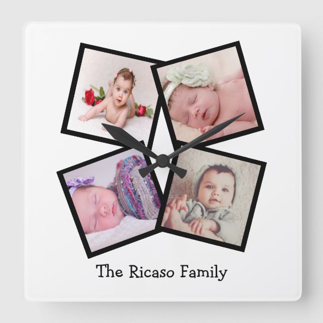 4 Photo Collage Personalised Square Wall Clock (Front)
