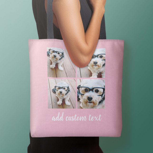 4 Photo Collage - PICK YOUR BACKGROUND COLOR Tote Bag (Personalized tote bag - add your name or other text)