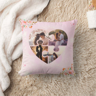 4 Photo Collage Pink Floral Puzzle Heart Custom Cushion