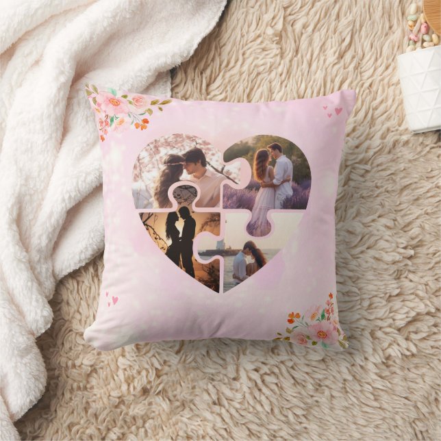 4 Photo Collage Pink Floral Puzzle Heart Custom Cushion (Blanket)