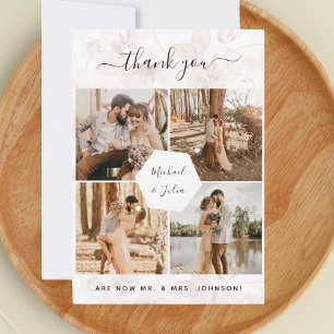 4 Photo Collage Pink Floral Wedding Thank You