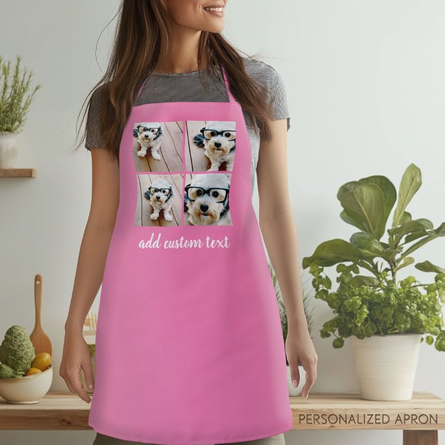 4 Photo Collage - pink with handwritten font text Apron (Personalized Apron)