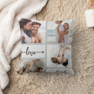 4 Photo Collage Print Modern White Pillow 