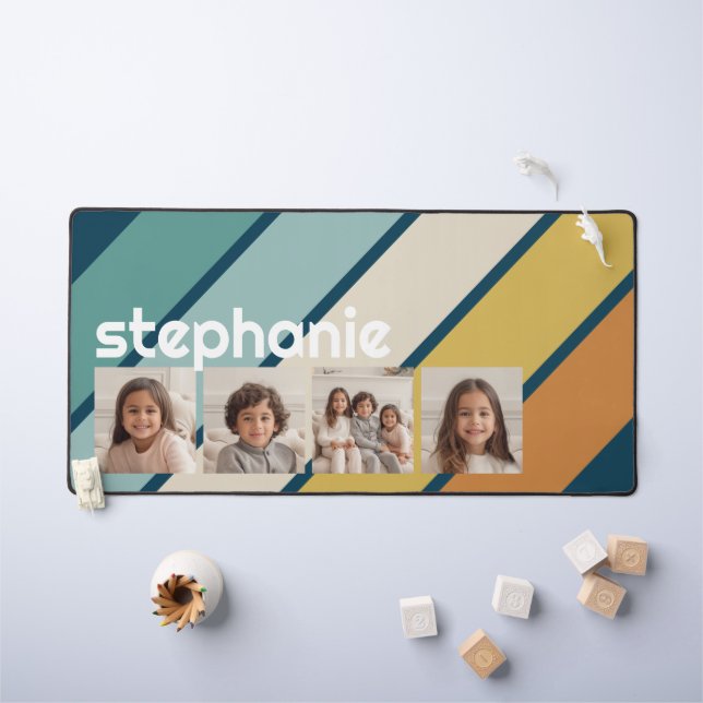 4 Photo Collage Retro Stripe - blue and gold Desk Mat (Kids Table)
