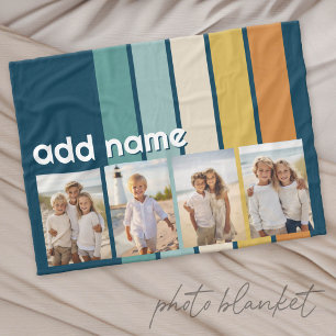 4 Photo Collage Retro Stripe - blue and gold Fleece Blanket