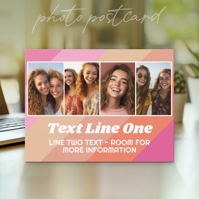 4 Photo Collage - Retro Stripes - chunky text Postcard (Photo Postcard - Customize with your favorite pics)
