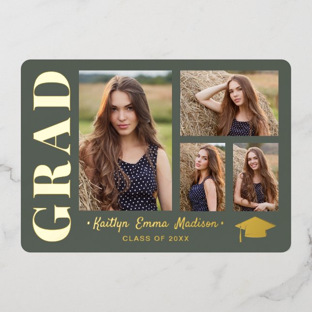 4 Photo Collage Sage Green & Gold Foil Grad Card (Front)