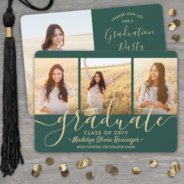 4 Photo Collage Script Green Gold Graduation Party Invitation (Creator Uploaded)