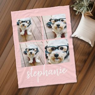 4 Photo Collage Script Name - can edit blush pink Fleece Blanket