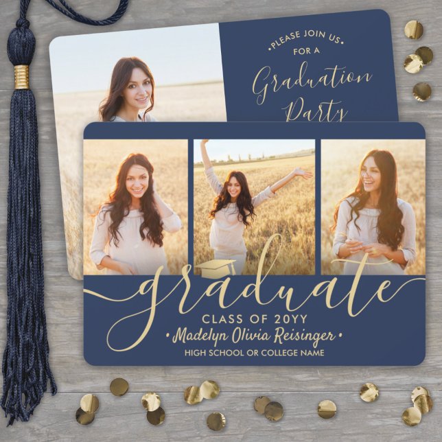 4 Photo Collage Script Navy Gold Graduation Party Invitation (Creator Uploaded)